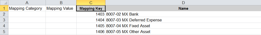 Example of a CSV file with Mapping Category, Mapping Value, and Mapping Key columns