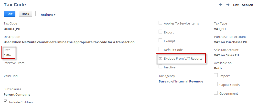 Example of UNDEF tax code