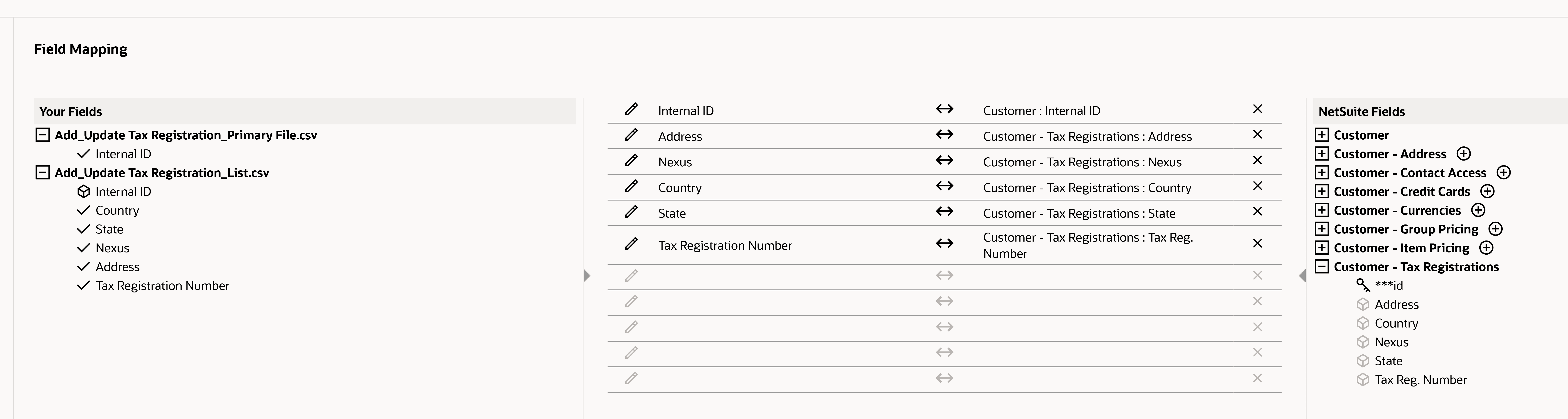 Multiple files import field mapping for adding a new entity tax registration as CSV