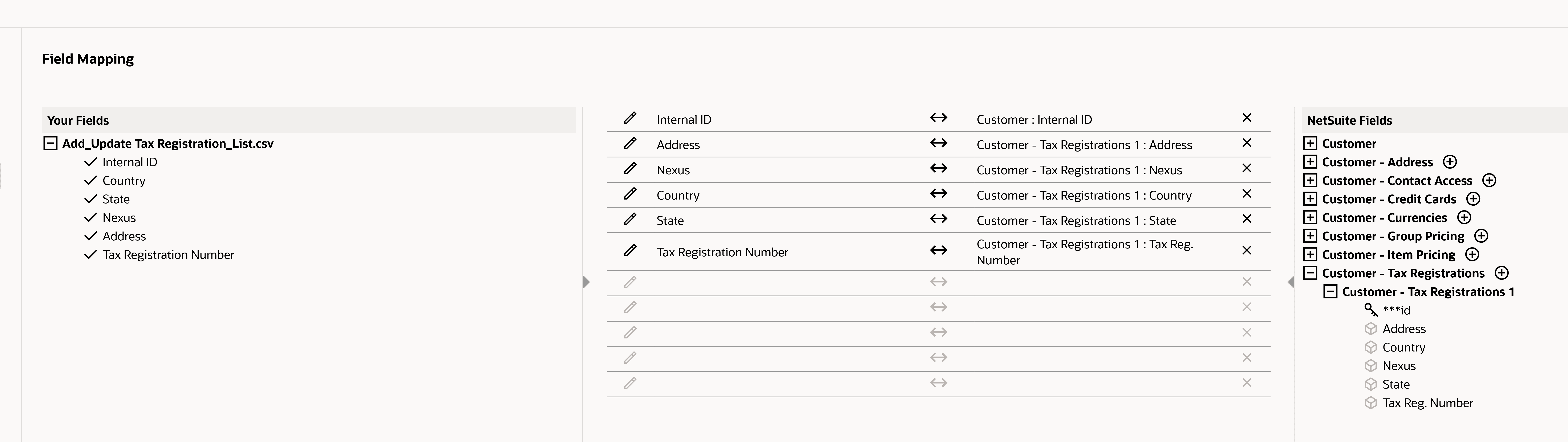 Single file import field mapping for adding a new entity tax registration as CSV
