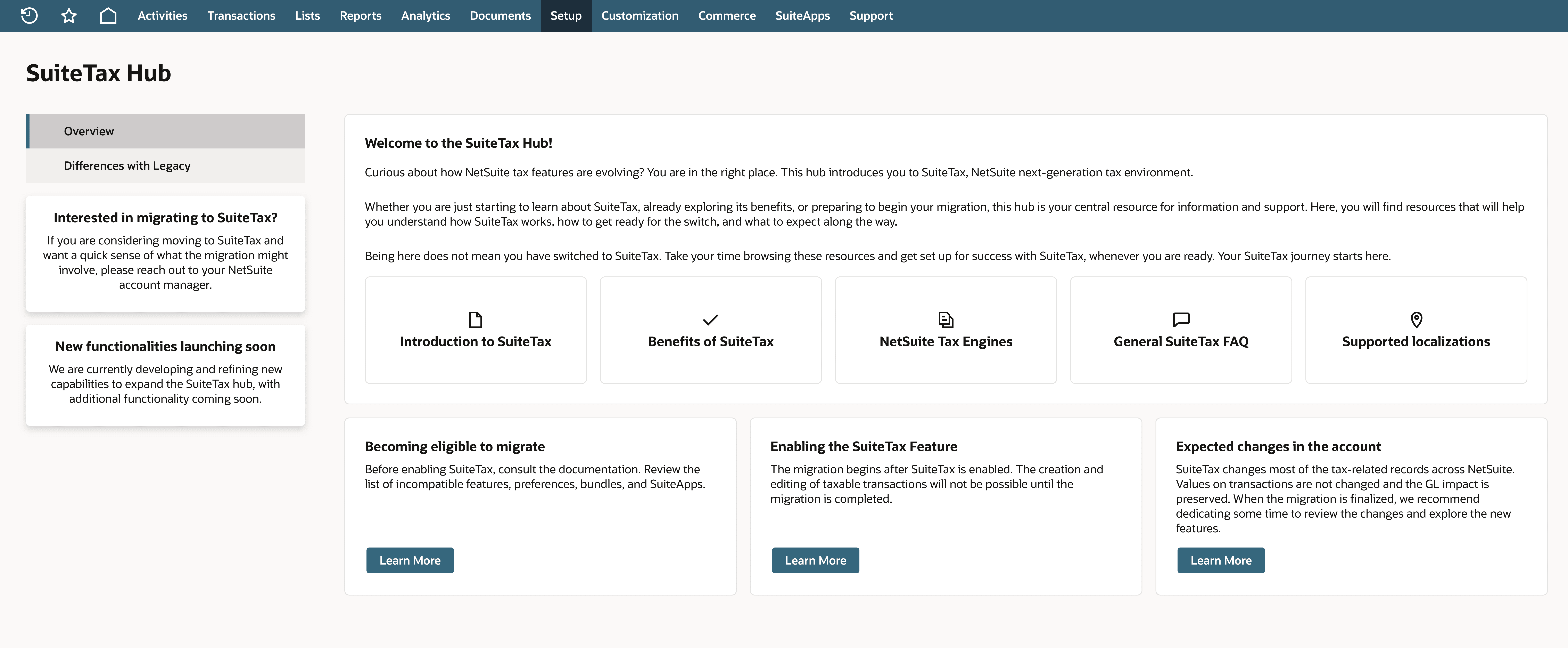 This screenshot shows how the SuiteTax Hub feature looks like in NetSuite.
