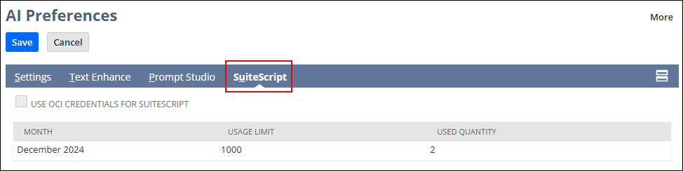 The SuiteScript tab on the AI Preferences page.