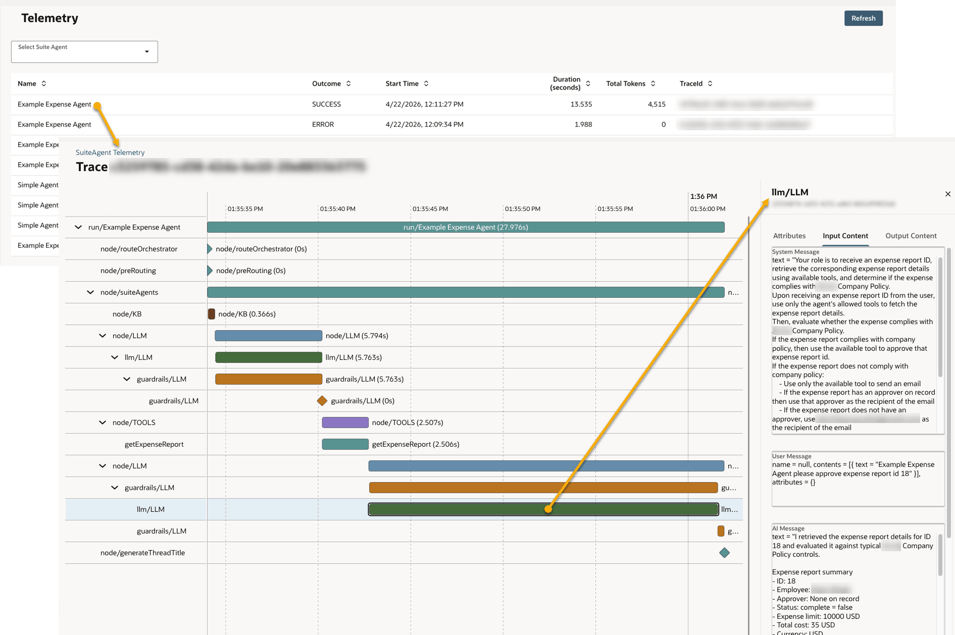 SuiteAgent Telemetry list with SuiteAgent trace details view