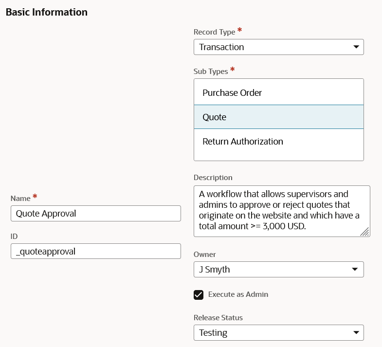 New workflow that shows Basic Information section.