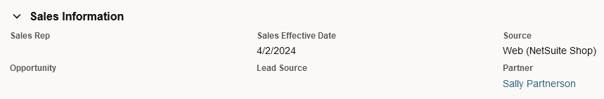 Sales Information on a sales order with Partner field filled in.