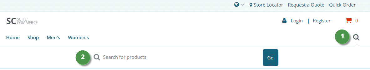 Site Search button (1) and input bar (2) displayed in Commerce homepage.