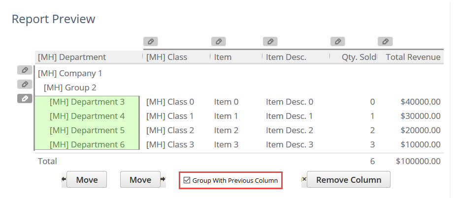 Group With Previous Column box in the Report Preview.