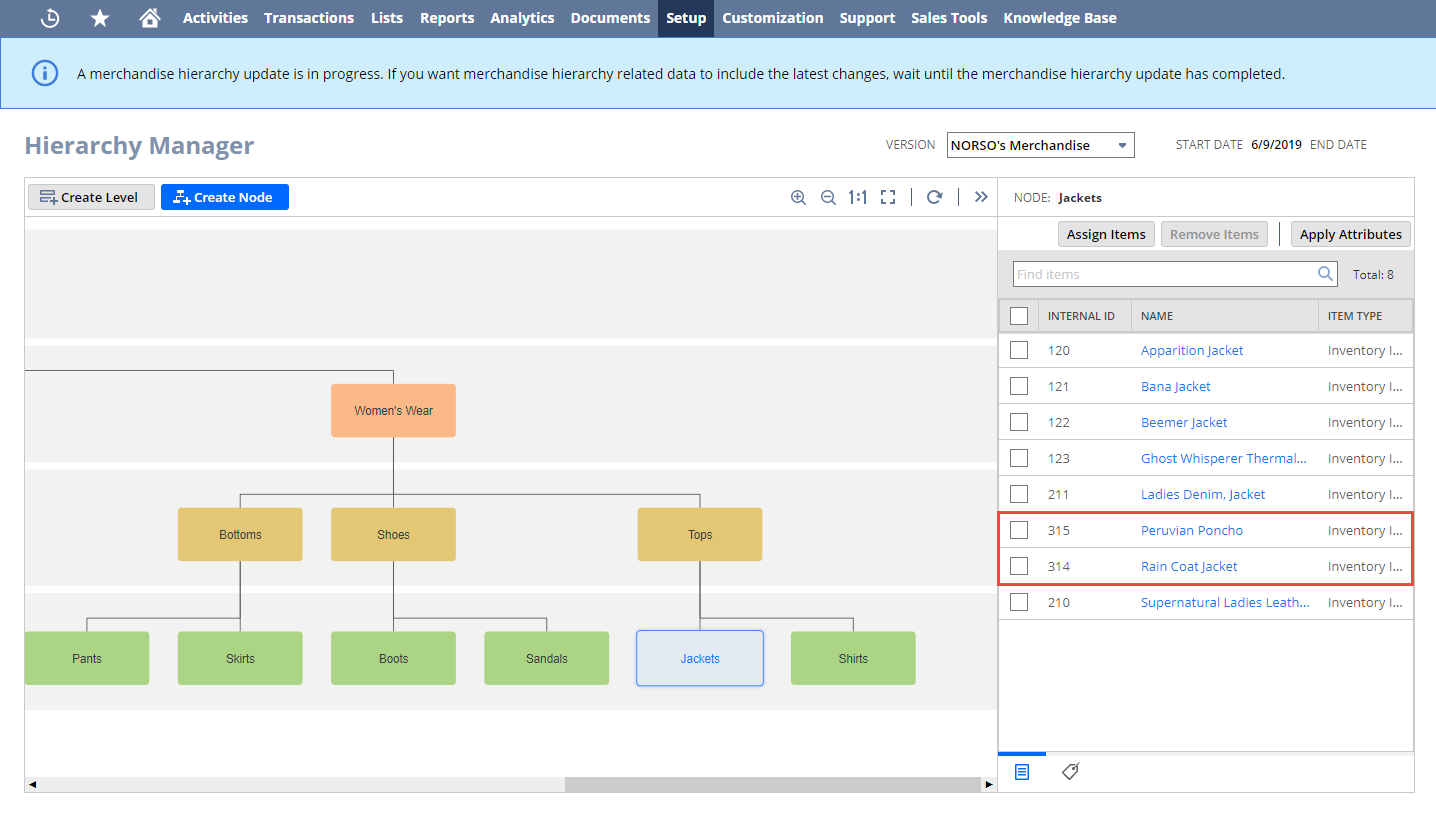 Items Assigned to Nodes in the Hierarchy Manager.