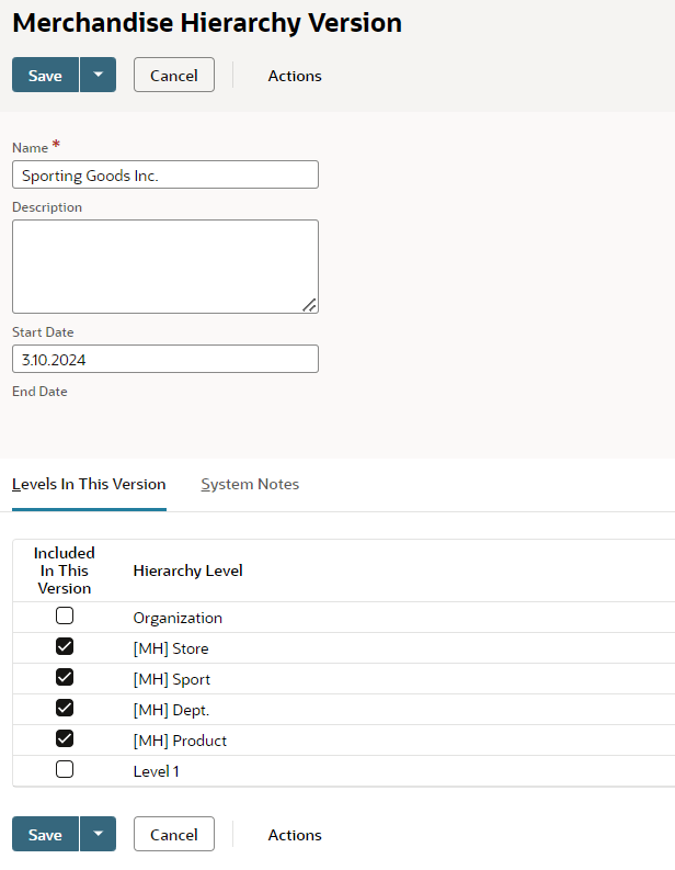 Merchandise Hierarchy Version screen