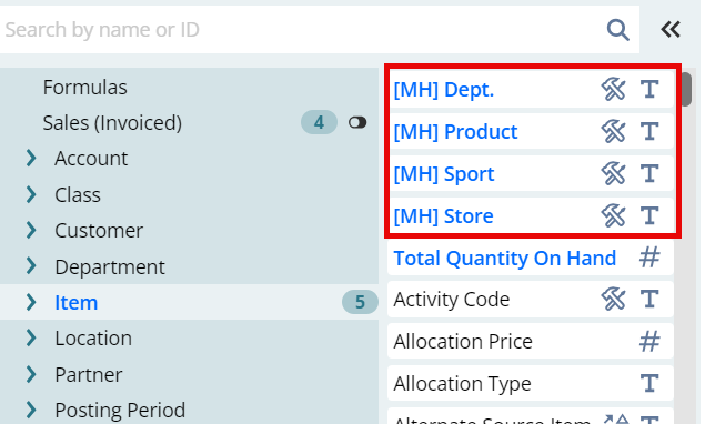 Merchandise Hierarchy fields under Item in the Records list.