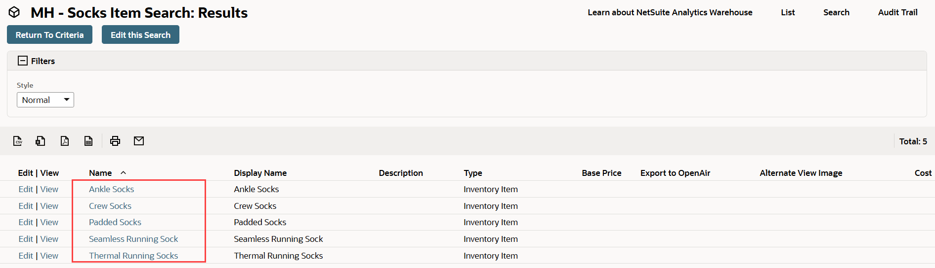 Saved search results that lists the items assigned to a node in the Hierarchy Manager.