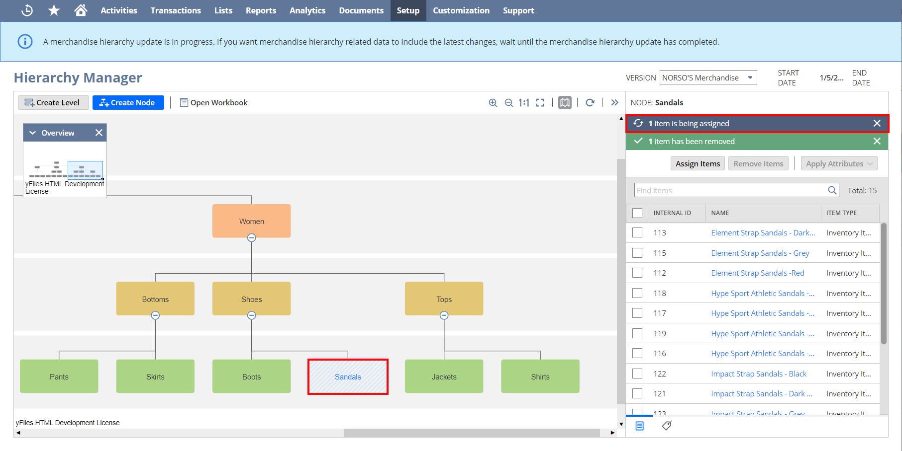 Node Update in Progress in the Merchandise Hierarchy Manager.