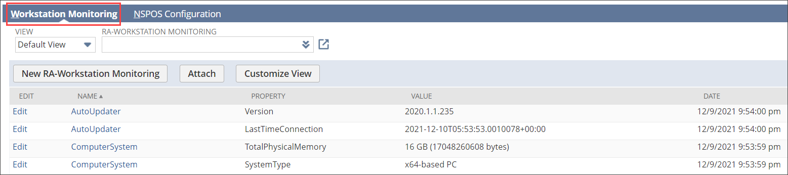 Workstation monitoring subtab in NetSuite