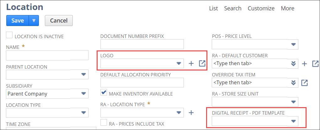 Location record top with digital receipts fields