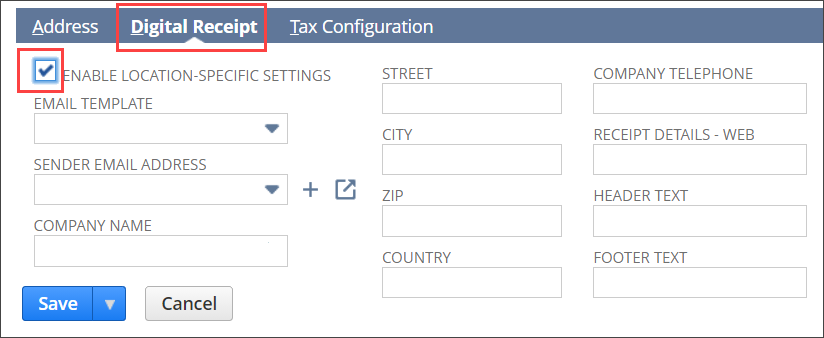 Location record bottom with digital receipts fields