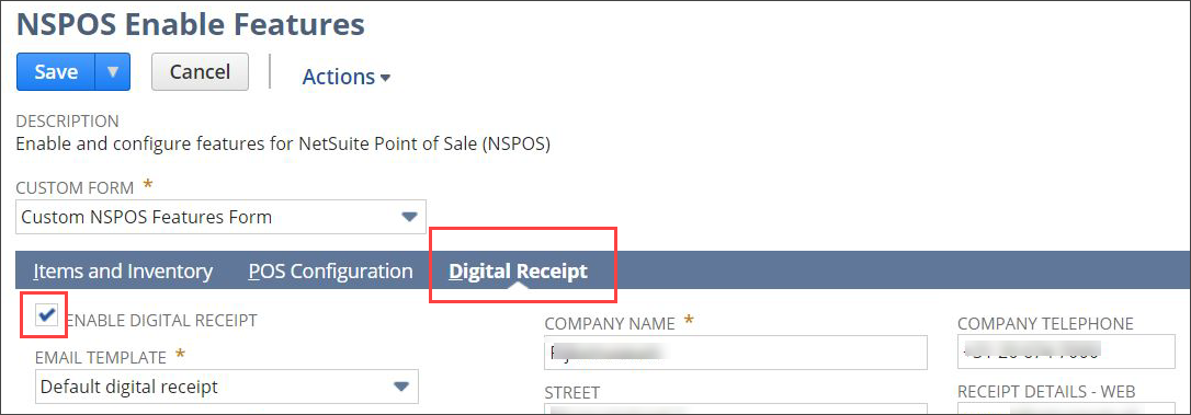 Enable features page to configure digital receipts
