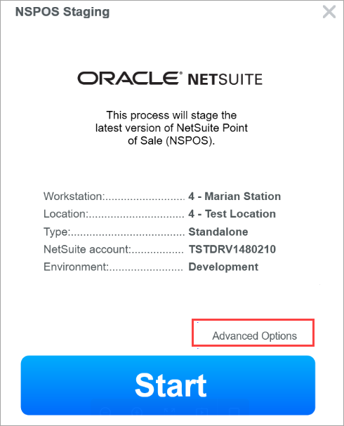 staging appllication with Advanced Options highlighted