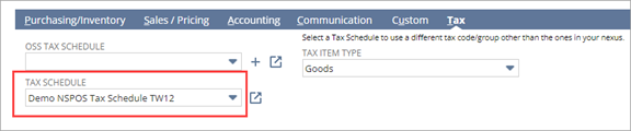 Item record tax schedule
