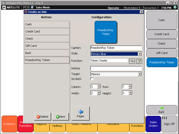 FreedomPay Token button configuration form.