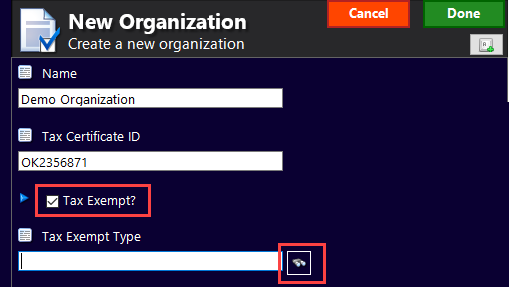 Organization details for tax certificate information