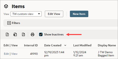 Show Inactives checkbox at the top of the Items list.