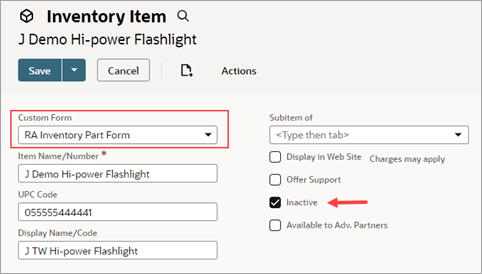 Inactive box on RA Inventory Part Form.