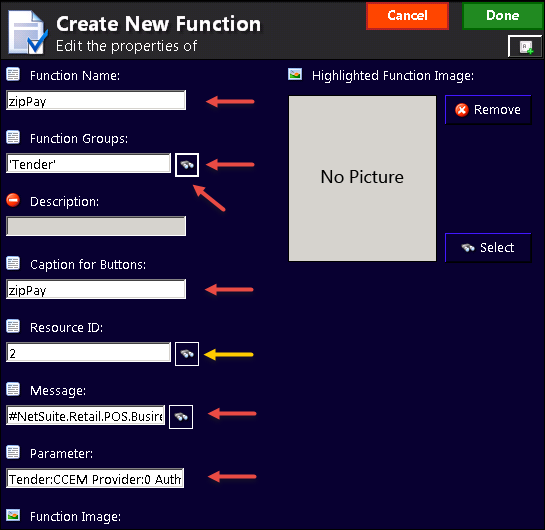Create New Function form for zipPay.