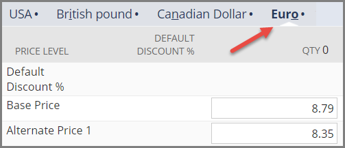 price levels for different currencies on Sales/Pricing subtab.