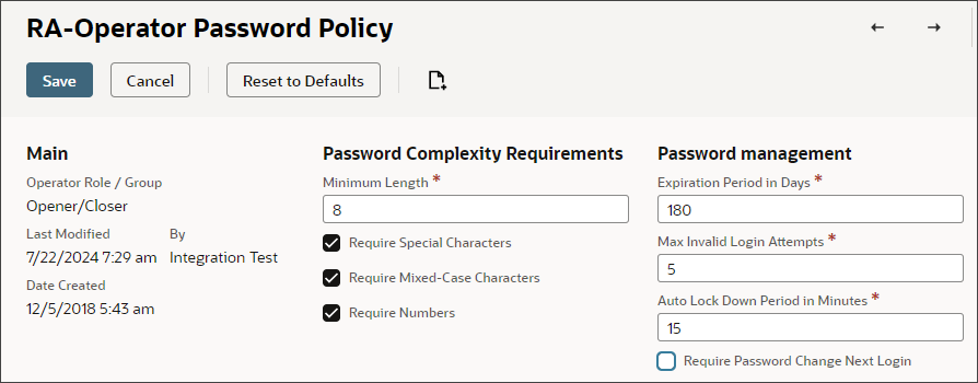 RA-Operator Password Policy record.