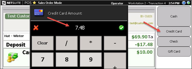 Credit Card Amount entered as second tender amount.