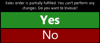 Invoice Partial Items confirmation prompt.