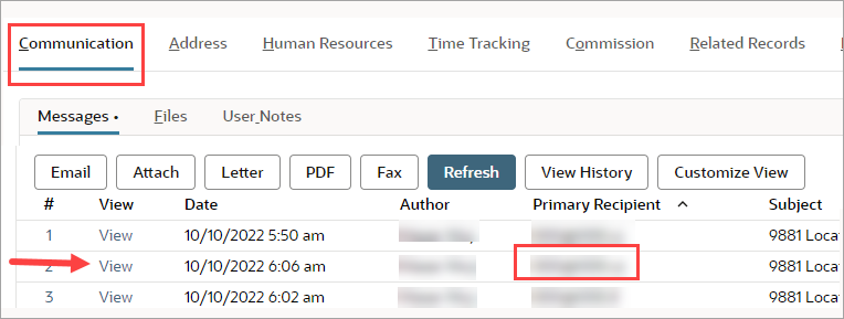 Primary Recipient column and View link