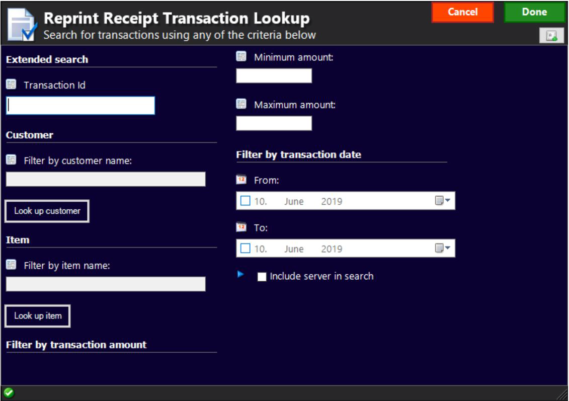 Reprint Receipt search form.