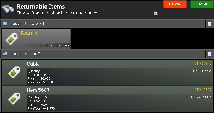Returnable Items list.
