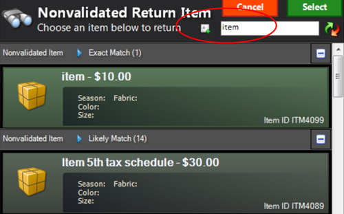 Nonvalidated Return Item list.