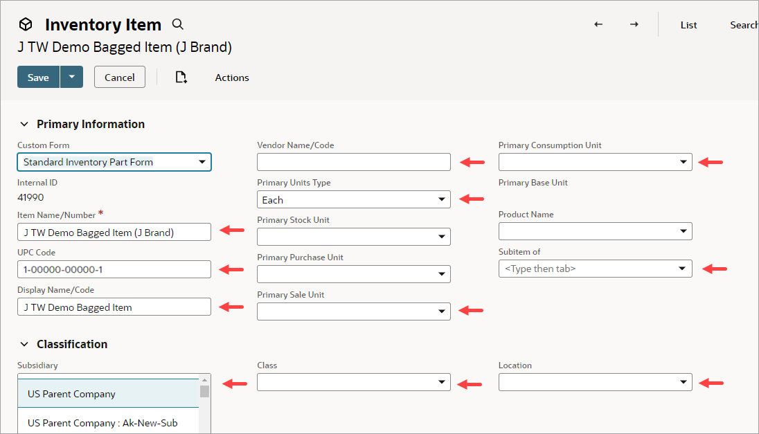 NetSuite ERP item record standard form