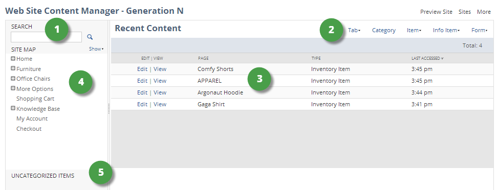 content manager screen with numbered labels