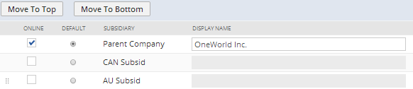 Example list of subsidiaries on the Setup subtab.