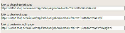 Fields for links to shopping cart page, checkout page, and customer login page.