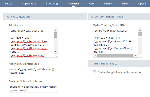 Shows where to paste your Google Analytics tracking snippets in the Analytics tab.