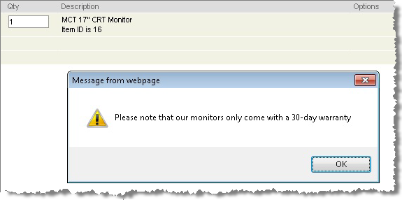 Shows a popup message with an alert notifying customers that monitors have a 30-day warranty.