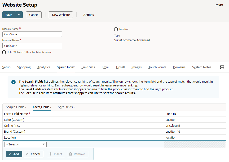 Website setup with facet fields