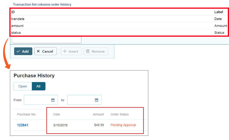 Example of Transaction List Columns configuration