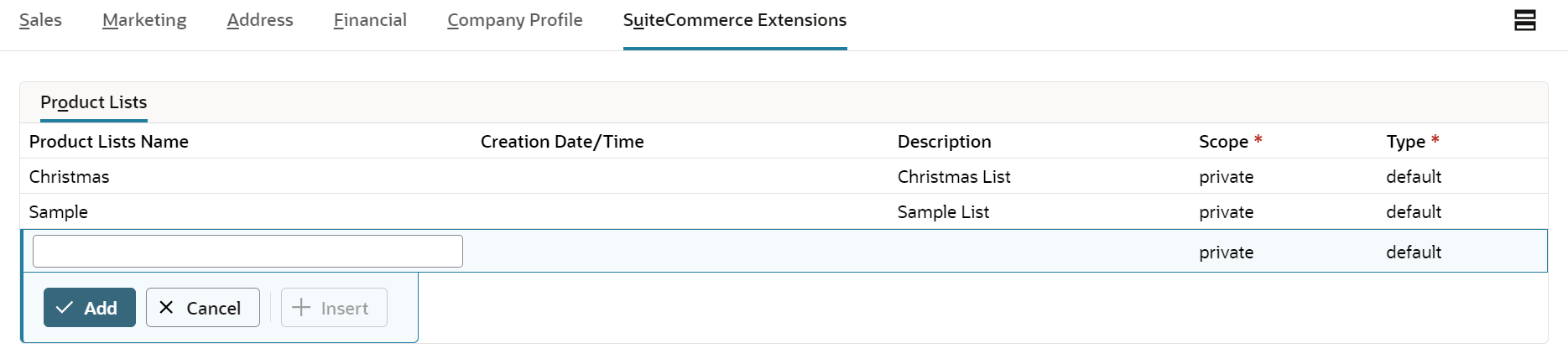 Example of the SuiteCommerce Extensions > Product Lists Subtab on the Customer Record