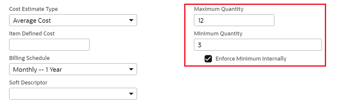 Maximum Quantity, Minimum Quantity, and Enforce Internally fields on the Sales/Pricing subtab