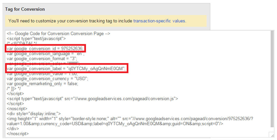 Google Conversion ID and Label example