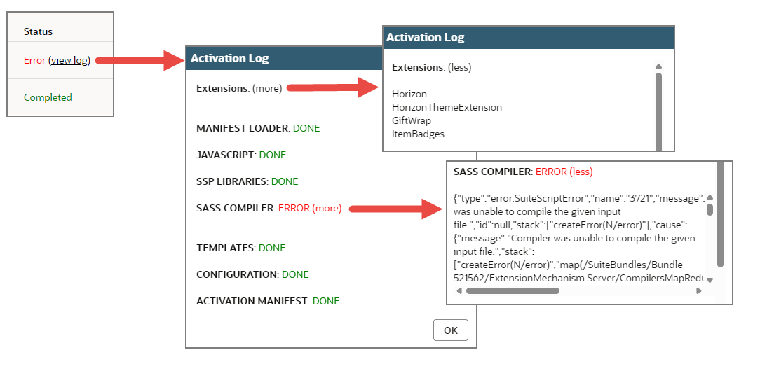 Shows how to click the links you need to access the error log.