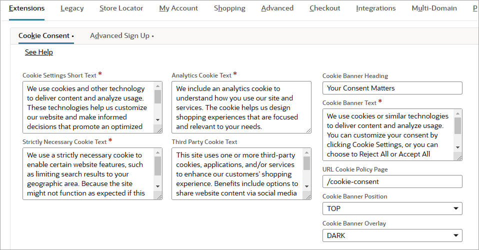 Cookie Settings Menu example