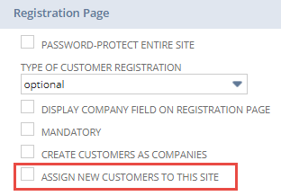 Shows where in the Shopping subtab to find the Assign New Customers to this Web Site checkbox.