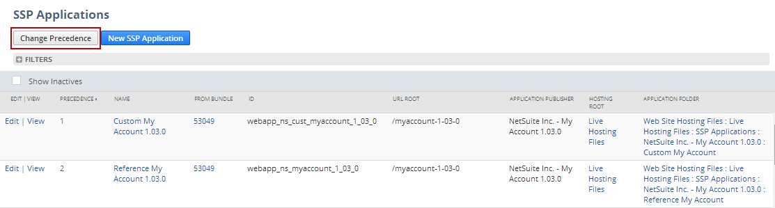 Shows how you can change SSP application precedence in the NetSuite interface.